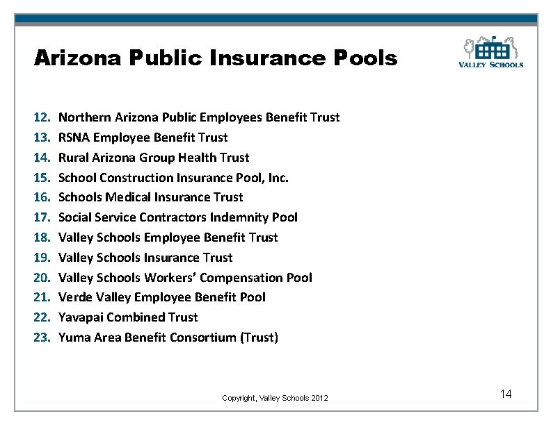 Arizona Public Insurance Pools 12. 13. 14. 15. 16. 17. 18. 19. 20. 21.