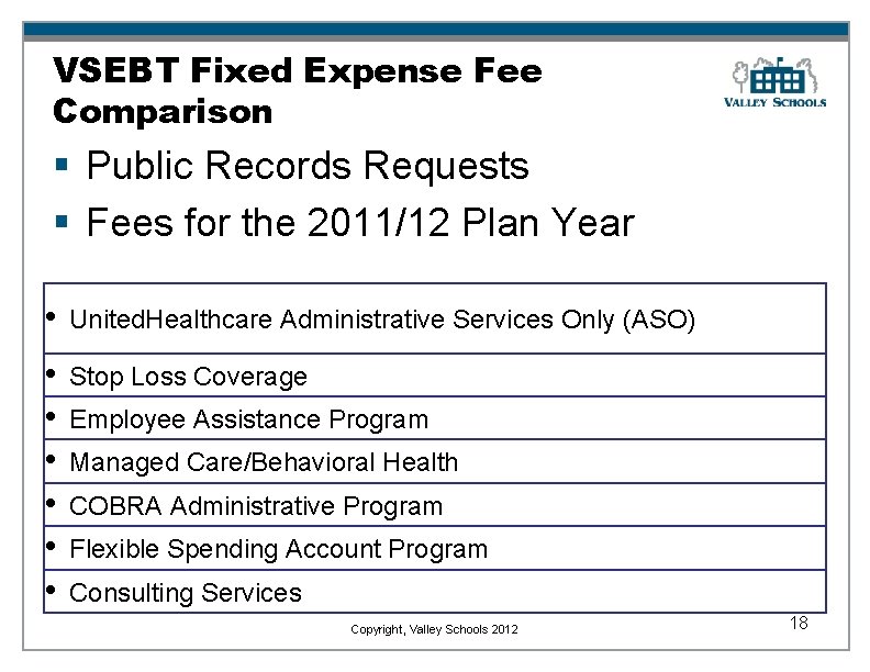 VSEBT Fixed Expense Fee Comparison § Public Records Requests § Fees for the 2011/12