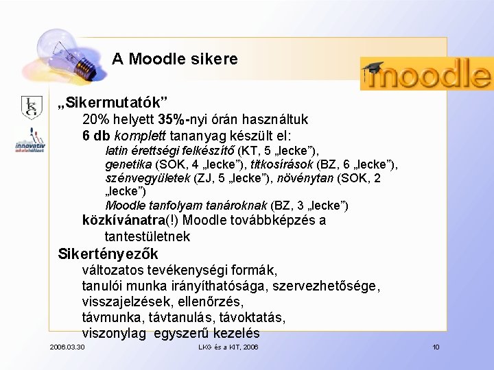 A Moodle sikere „Sikermutatók” 20% helyett 35%-nyi órán használtuk 6 db komplett tananyag készült