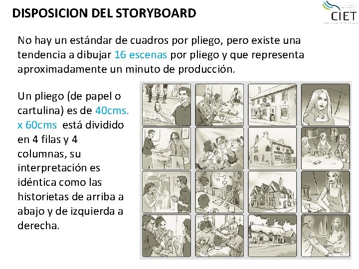 DISPOSICION DEL STORYBOARD No hay un estándar de cuadros por pliego, pero existe una