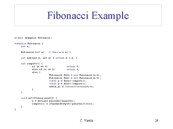 Fibonacci Example module examples. fibonacci; behavior Fibonacci { int n; Fibonacci(int n) { this.