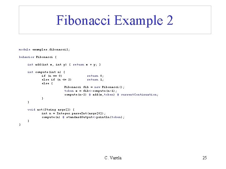 Fibonacci Example 2 module examples. fibonacci 2; behavior Fibonacci { int add(int x, int