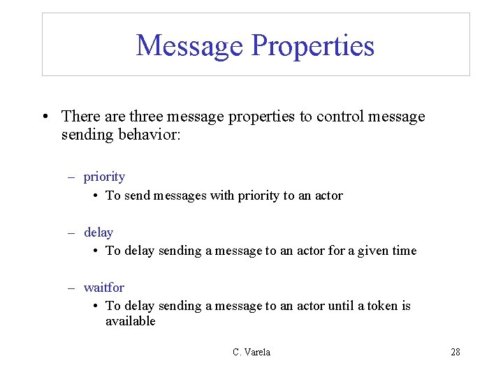 Message Properties • There are three message properties to control message sending behavior: –