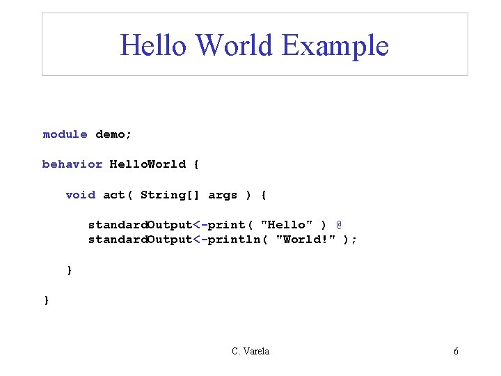 Hello World Example module demo; behavior Hello. World { void act( String[] args )