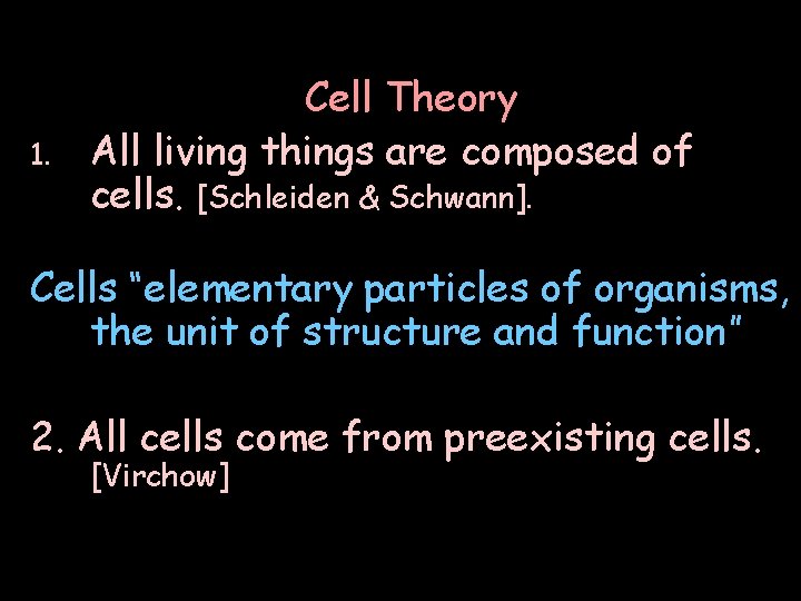 1. Cell Theory All living things are composed of cells. [Schleiden & Schwann]. Cells
