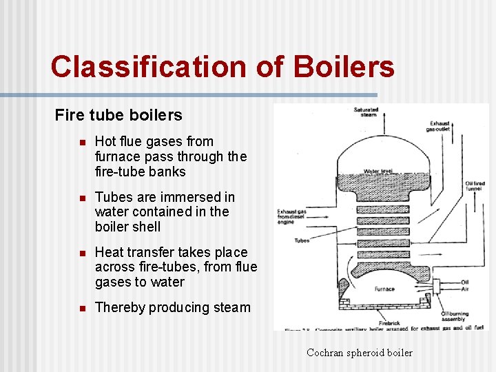 Classification of Boilers Fire tube boilers n Hot flue gases from furnace pass through