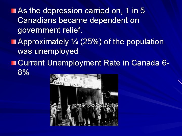 As the depression carried on, 1 in 5 Canadians became dependent on government relief.