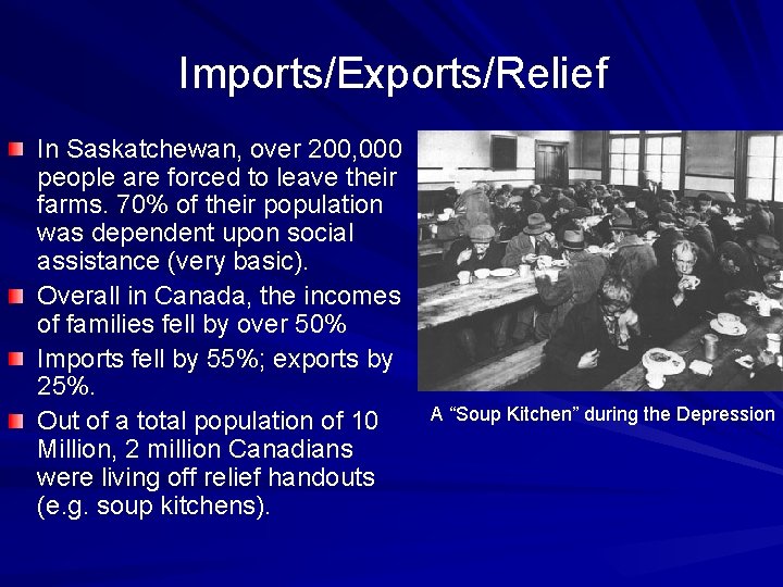 Imports/Exports/Relief In Saskatchewan, over 200, 000 people are forced to leave their farms. 70%
