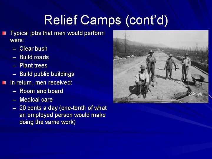 Relief Camps (cont’d) Typical jobs that men would perform were: – Clear bush –