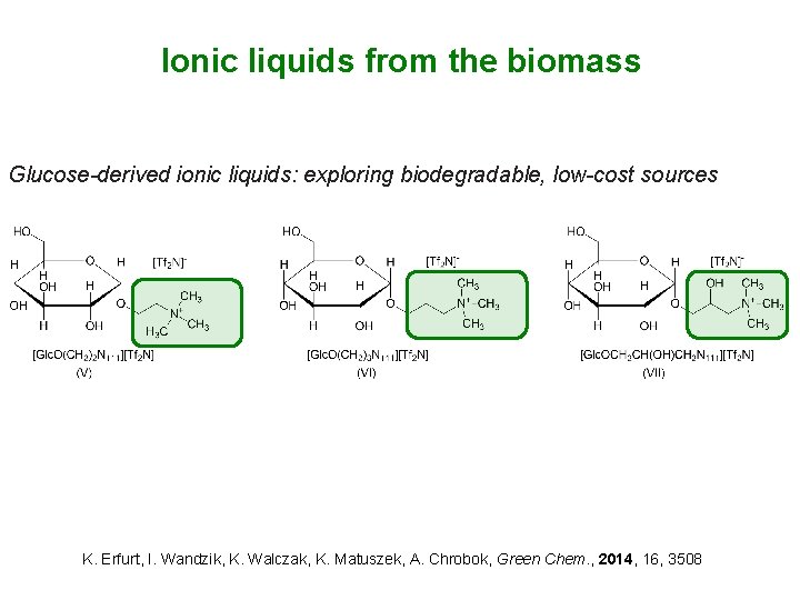 Ionic liquids from the biomass Glucose-derived ionic liquids: exploring biodegradable, low-cost sources K. Erfurt,