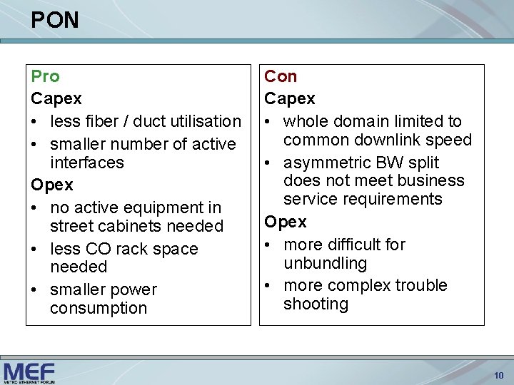 PON Pro Capex • less fiber / duct utilisation • smaller number of active