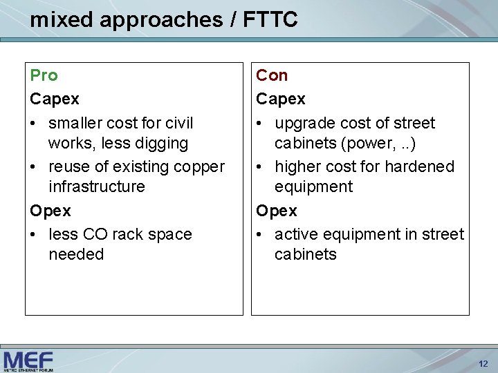 mixed approaches / FTTC Pro Capex • smaller cost for civil works, less digging