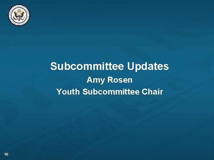 Subcommittee Updates Amy Rosen Youth Subcommittee Chair 10 