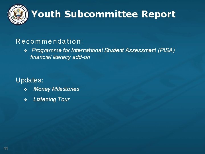 Youth Subcommittee Report Recommendation: v Programme for International Student Assessment (PISA) financial literacy add-on