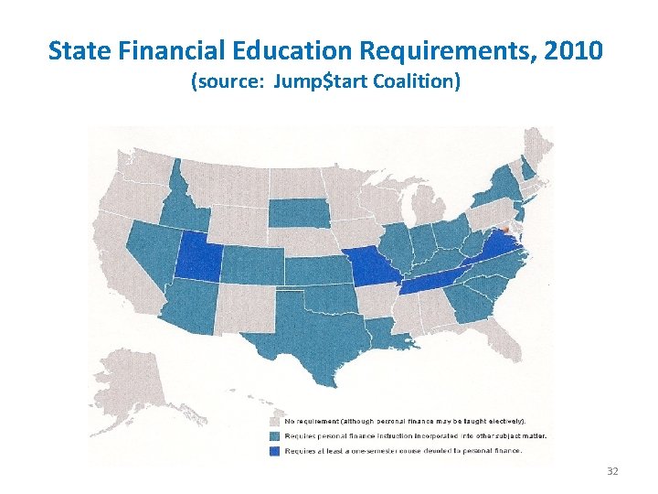 State Financial Education Requirements, 2010 (source: Jump$tart Coalition) 32 