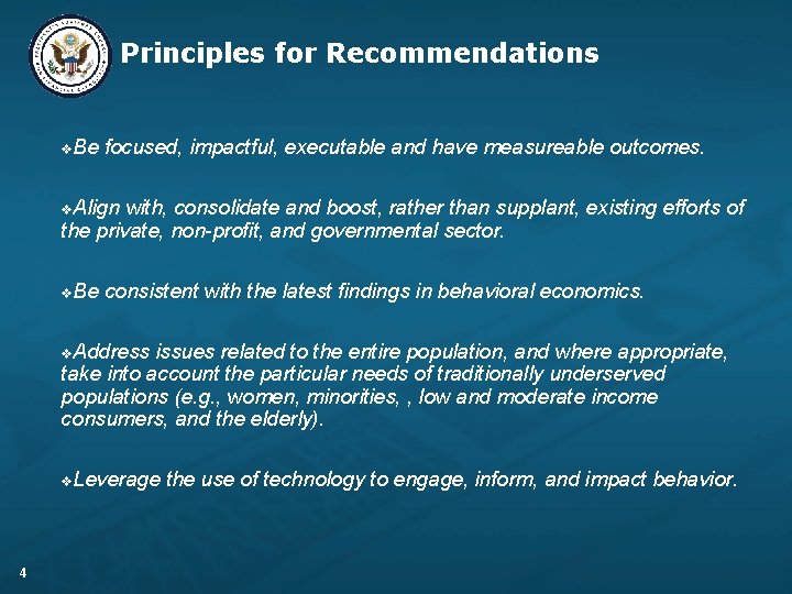 Principles for Recommendations v. Be focused, impactful, executable and have measureable outcomes. v. Align