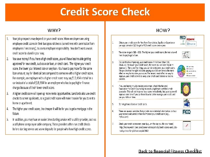 Credit Score Check WHY? HOW? 74 Back to financial Fitness Checklist 