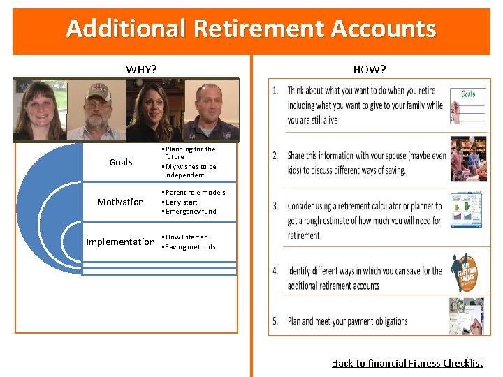 Additional Retirement Accounts WHY? Goals Motivation Implementation HOW? • Planning for the future •