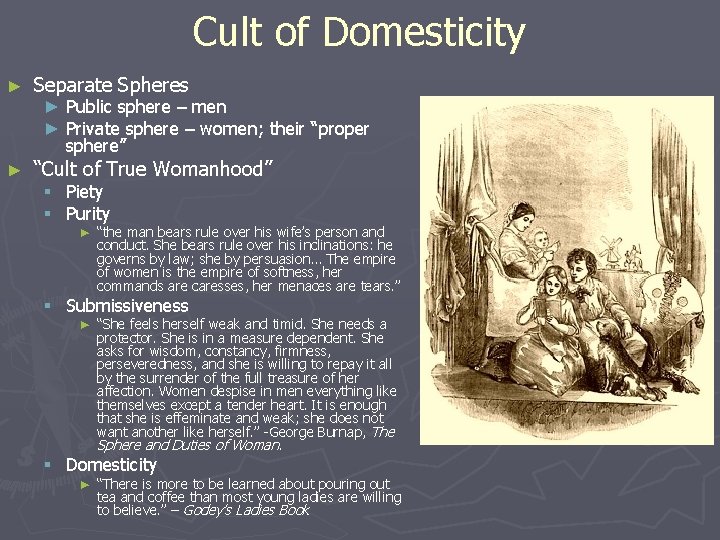 Cult of Domesticity ► Separate Spheres ► “Cult of True Womanhood” ► Public sphere