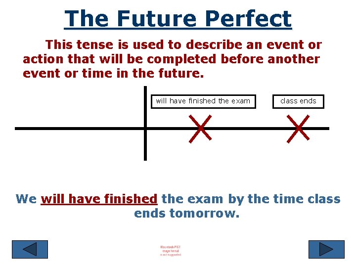 The Future Perfect This tense is used to describe an event or action that