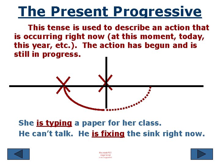 The Present Progressive This tense is used to describe an action that is occurring