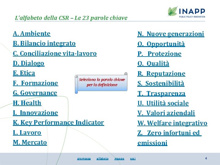 L’alfabeto della CSR – Le 23 parole chiave A. Ambiente B. Bilancio integrato C.