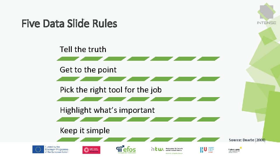 Five Data Slide Rules Tell the truth Get to the point Pick the right