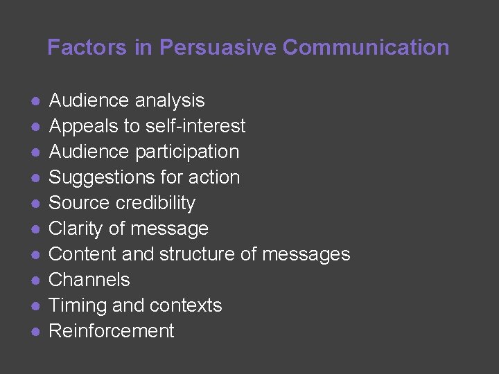 Factors in Persuasive Communication ● ● ● ● ● Audience analysis Appeals to self-interest