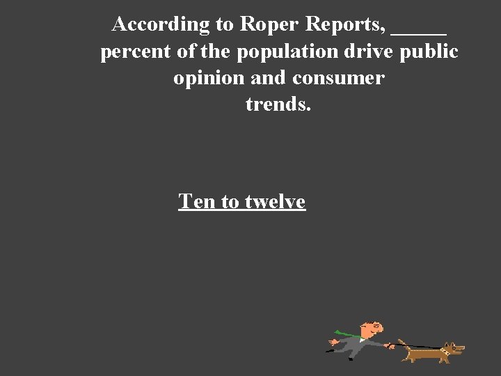 According to Roper Reports, _____ percent of the population drive public opinion and consumer