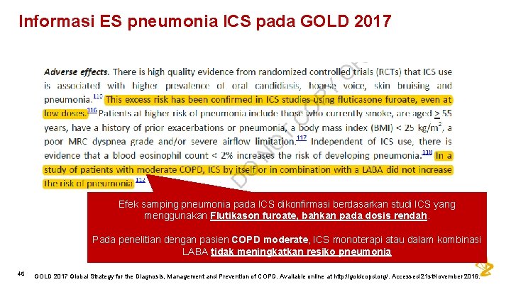 Informasi ES pneumonia ICS pada GOLD 2017 Efek samping pneumonia pada ICS dikonfirmasi berdasarkan