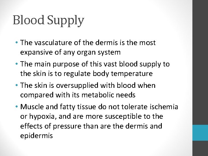 Blood Supply • The vasculature of the dermis is the most expansive of any Blood Supply • The vasculature of the dermis is the most expansive of any