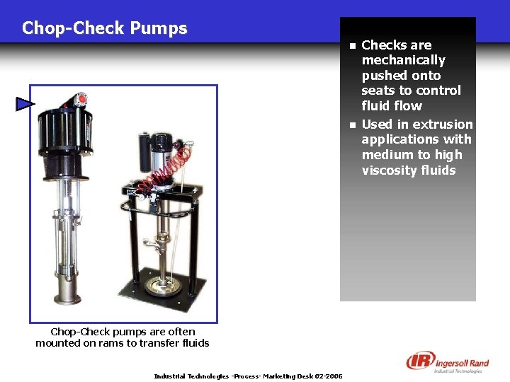 Chop-Check Pumps n n Chop-Check pumps are often mounted on rams to transfer fluids