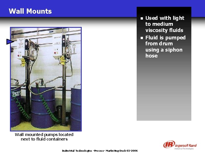 Wall Mounts n n Wall mounted pumps located next to fluid containers Industrial Technologies