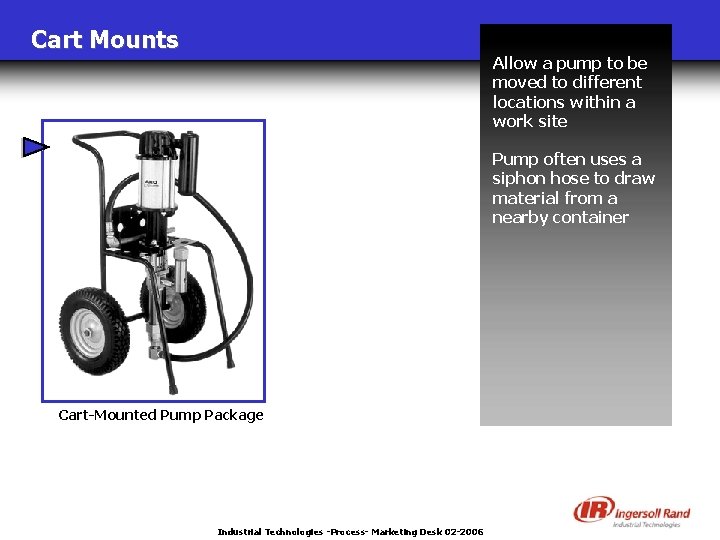 Cart Mounts Allow a pump to be moved to different locations within a work