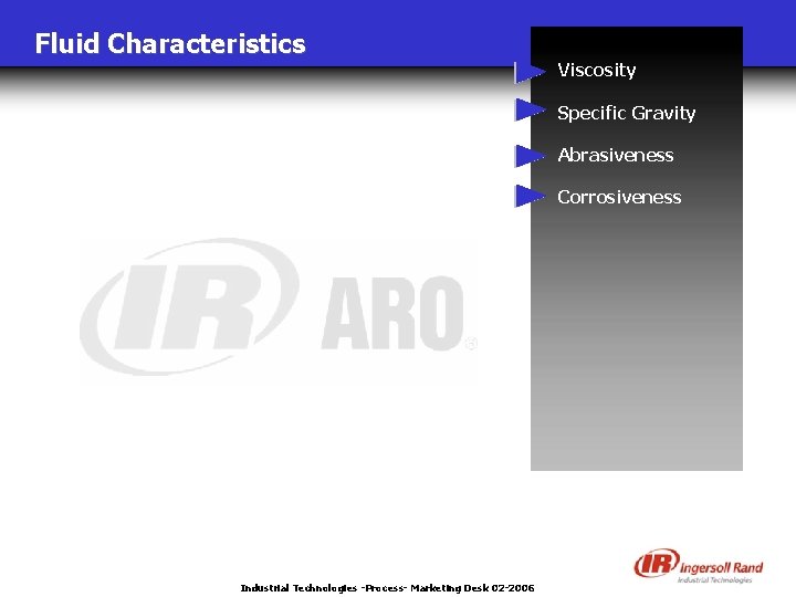 Fluid Characteristics Viscosity Specific Gravity Abrasiveness Corrosiveness Industrial Technologies -Process- Marketing Desk 02 -2006