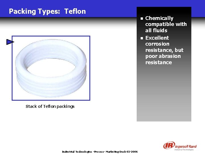 Packing Types: Teflon n n Stack of Teflon packings Industrial Technologies -Process- Marketing Desk