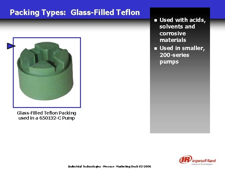 Packing Types: Glass-Filled Teflon n n Glass-Filled Teflon Packing used in a 650132 -C