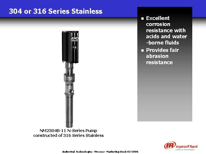 304 or 316 Series Stainless n n NM 2304 B-11 N-Series Pump constructed of