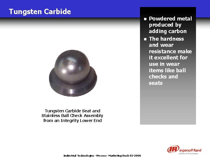 Tungsten Carbide n n Tungsten Carbide Seat and Stainless Ball Check Assembly from an