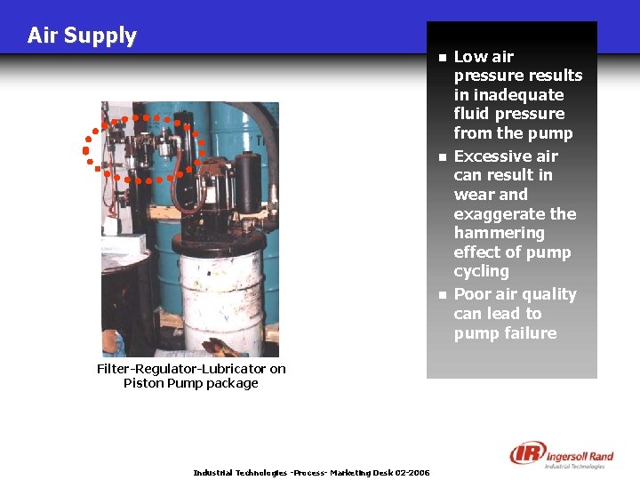Air Supply n n n Filter-Regulator-Lubricator on Piston Pump package Industrial Technologies -Process- Marketing