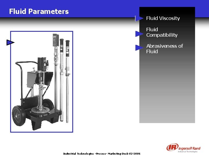 Fluid Parameters Fluid Viscosity Fluid Compatibility Abrasiveness of Fluid Industrial Technologies -Process- Marketing Desk