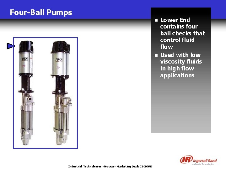 Four-Ball Pumps n n Industrial Technologies -Process- Marketing Desk 02 -2006 Lower End contains