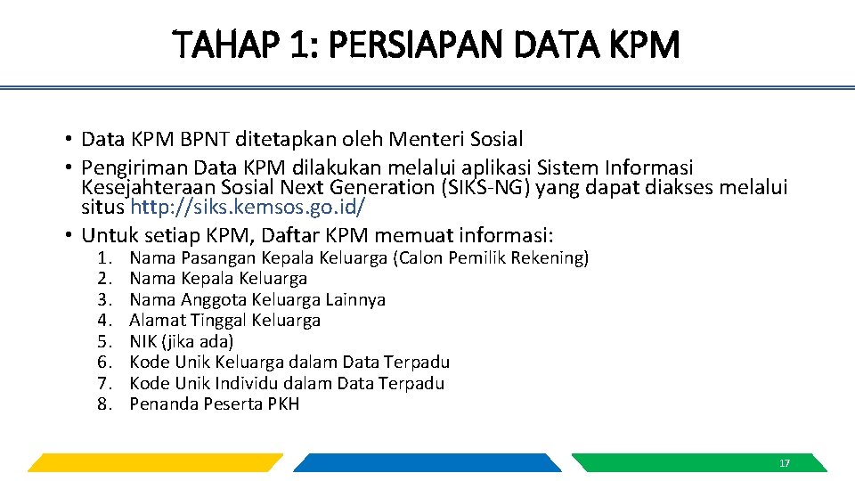 TAHAP 1: PERSIAPAN DATA KPM • Data KPM BPNT ditetapkan oleh Menteri Sosial •