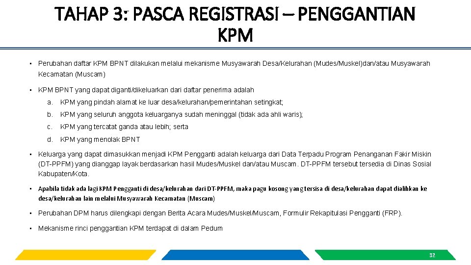 TAHAP 3: PASCA REGISTRASI – PENGGANTIAN KPM • Perubahan daftar KPM BPNT dilakukan melalui