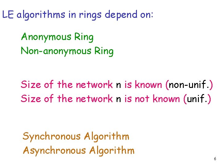 LE algorithms in rings depend on: Anonymous Ring Non-anonymous Ring Size of the network