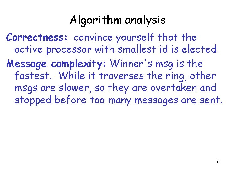 Algorithm analysis Correctness: convince yourself that the active processor with smallest id is elected.