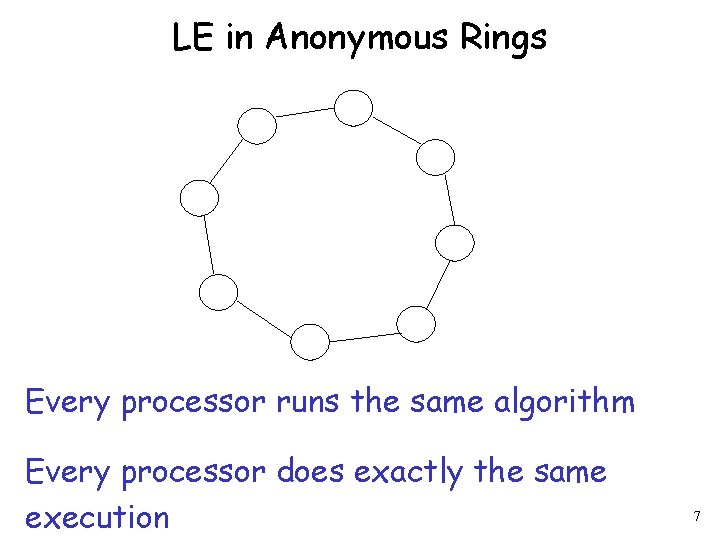 LE in Anonymous Rings Every processor runs the same algorithm Every processor does exactly