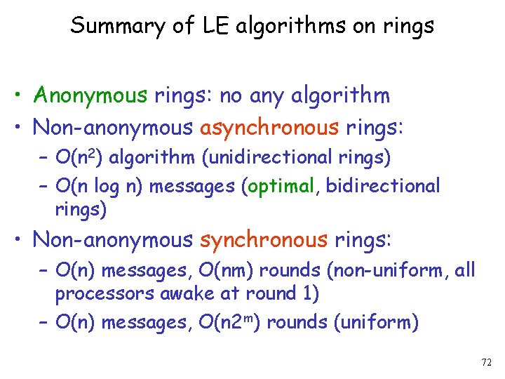 Summary of LE algorithms on rings • Anonymous rings: no any algorithm • Non-anonymous