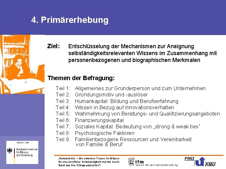 4. Primärerhebung Ziel: Entschlüsselung der Mechanismen zur Aneignung selbständigkeitsrelevanten Wissens im Zusammenhang mit personenbezogenen