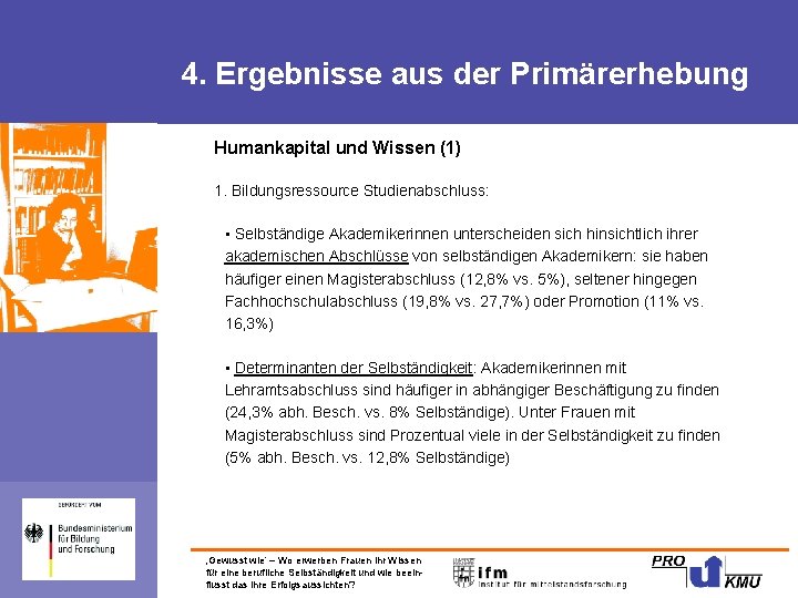 4. Ergebnisse aus der Primärerhebung Humankapital und Wissen (1) 1. Bildungsressource Studienabschluss: • Selbständige